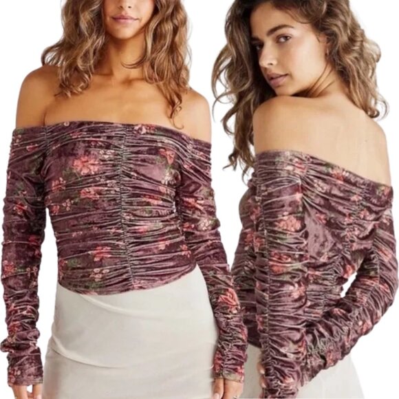 Free People Reina Floral Velvet Off the Shoulder Top Women's Small Brown Ruched - Picture 1 of 14